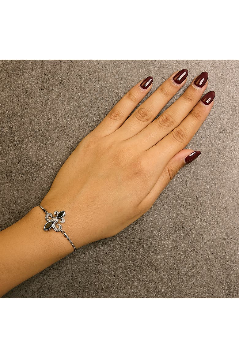 Silver Marquise Black Onyx and Diamond Accent Lariat Fleur De Lis Bolo Bracelet, Alternate, color, White