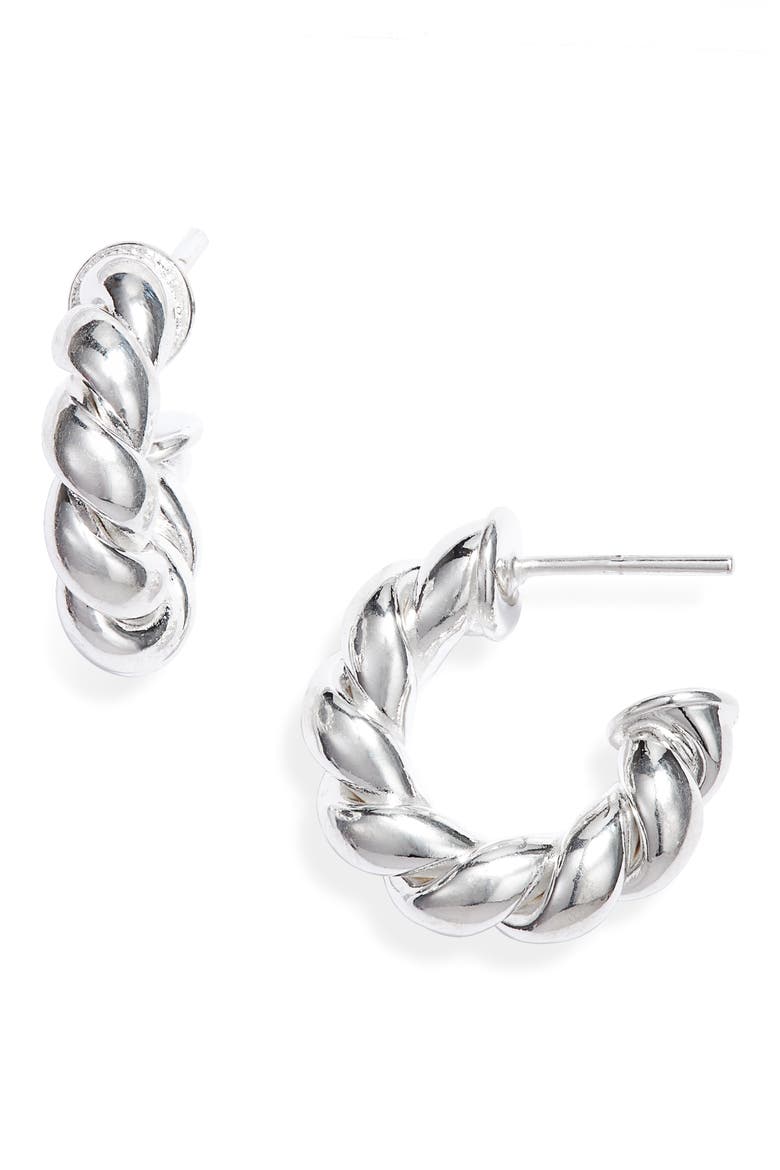 Twisted Sister Small Hoop Earrings, Main, color, SILVER