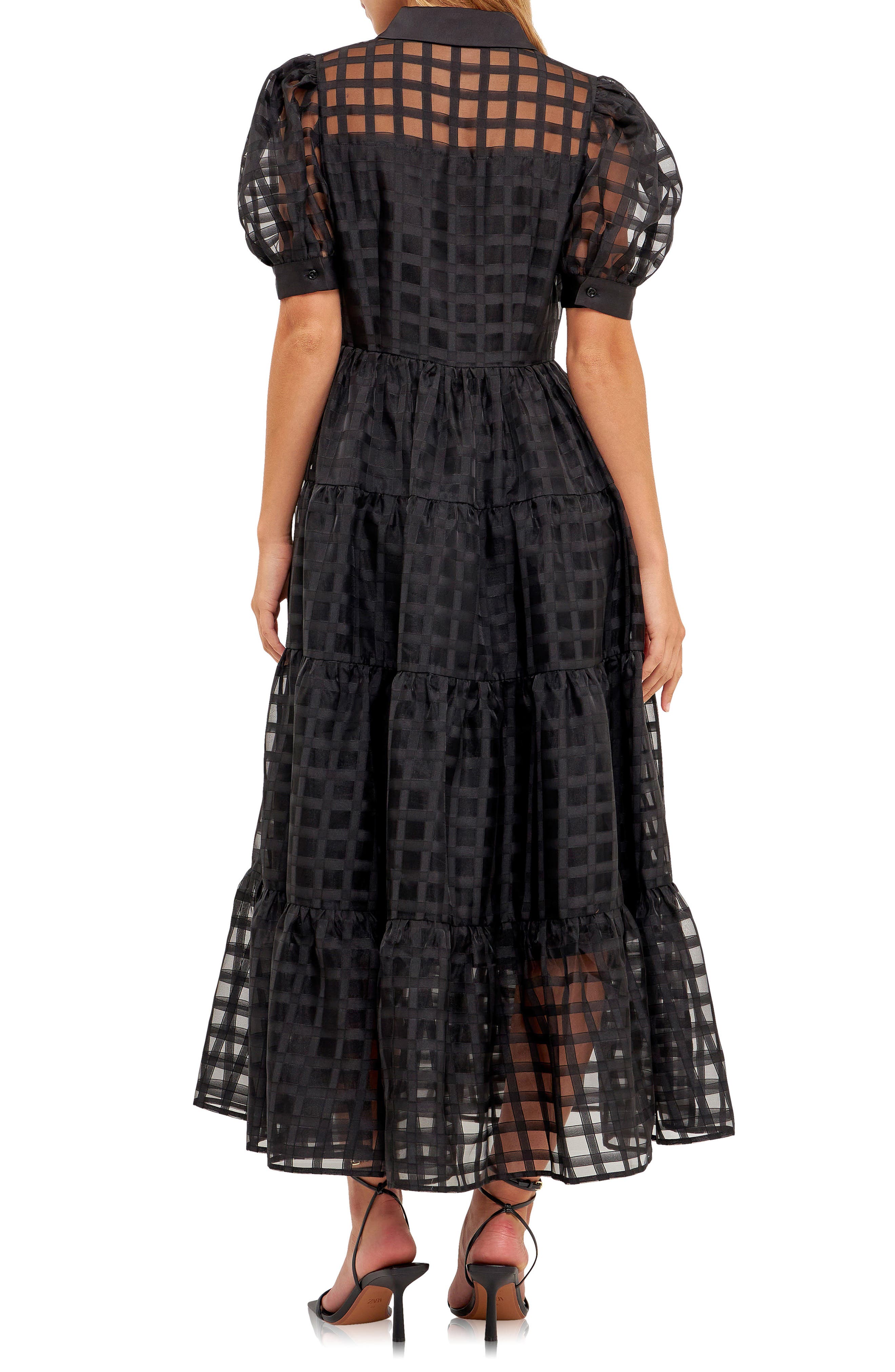 english factory flutter-sleeve sheer gridded midi dress English Factory Flutter-Sleeve Sheer Gridded Midi Dress