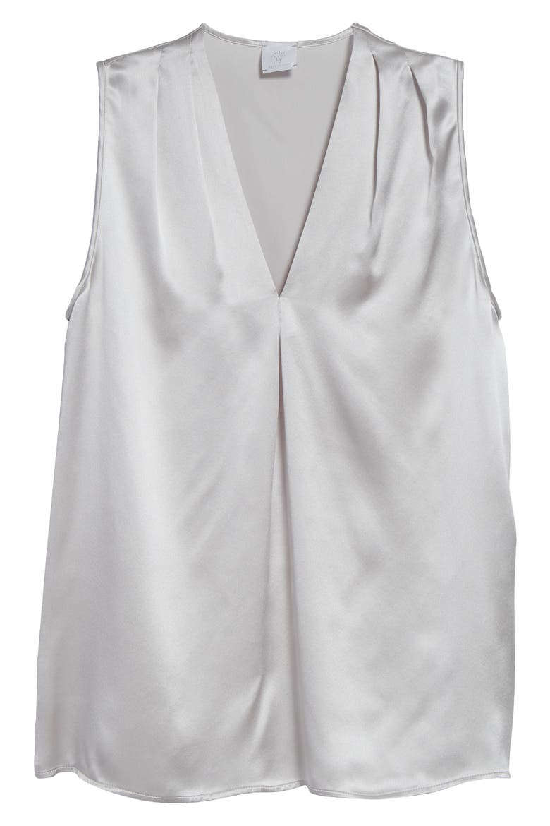 Pleated Sleeveless Silk Satin Top, Alternate, color, 75 PEARL GREY