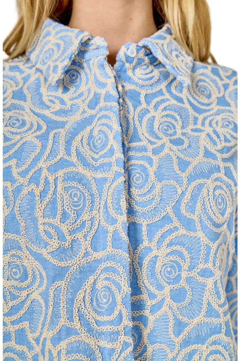 Embroidered Crop Cotton Blend Button-Up Shirt, Alternate, color, BLUE