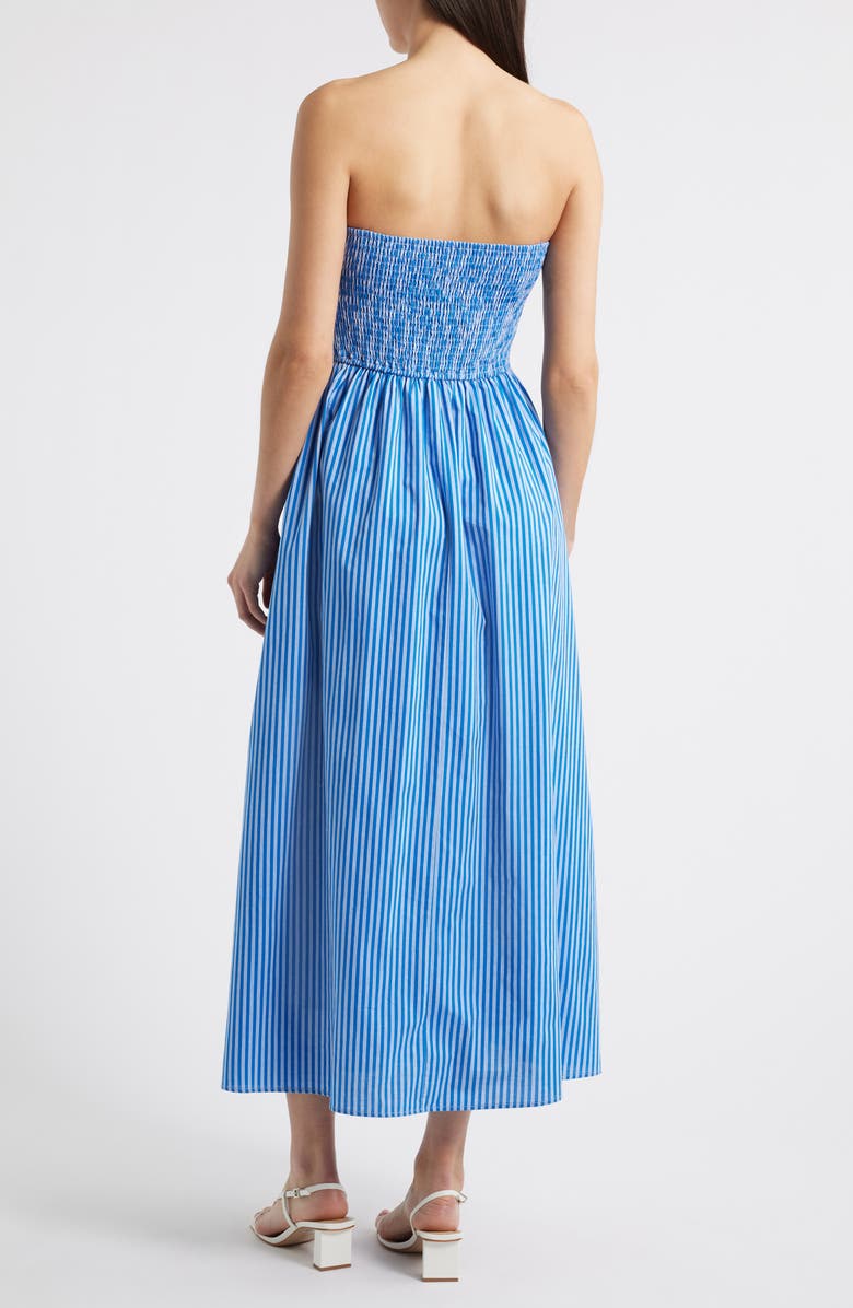 MOON RIVER Stripe Strapless Cotton Fit & Flare Midi Dress, Alternate, color, Blue