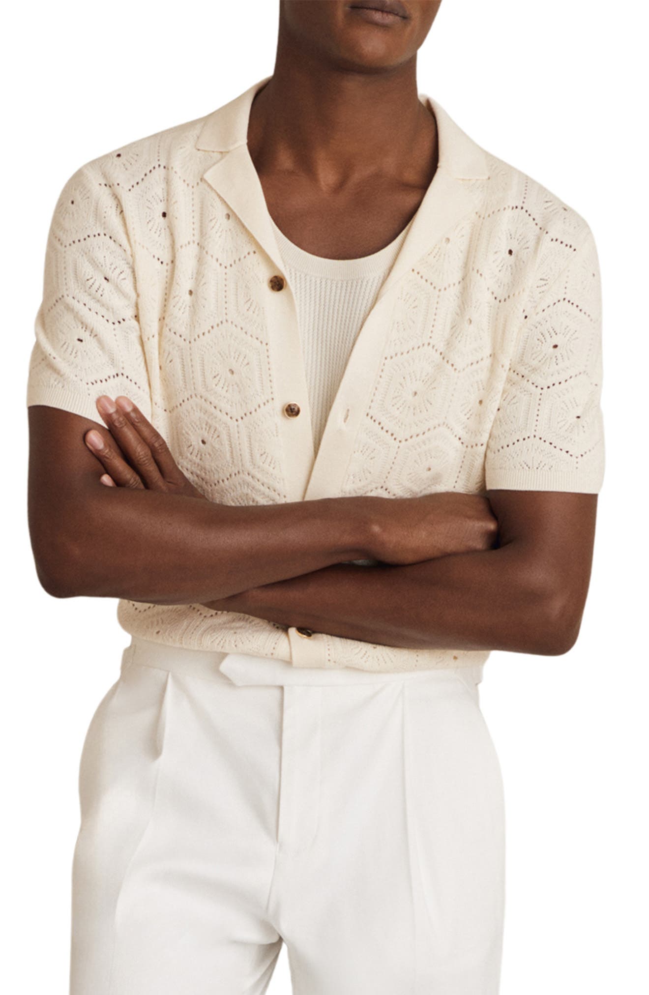 Reiss Royce Open Stitch Button-Up Polo Sweater