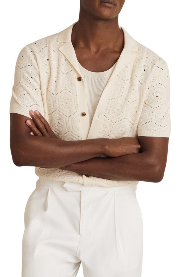 Royce Open Stitch Button-Up Polo Sweater, Main, color, OFF WHITE