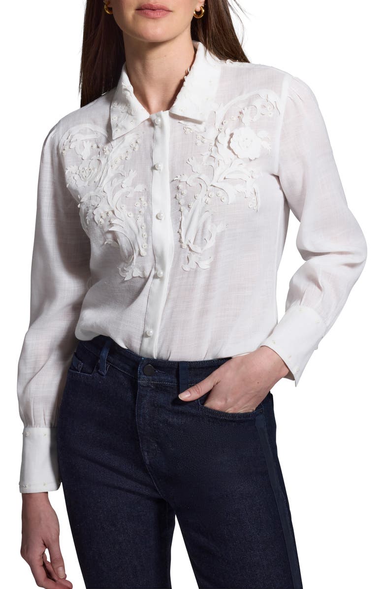 NIC+ZOE Floral Appliqué Button-Up Shirt, Main, color, Milk White