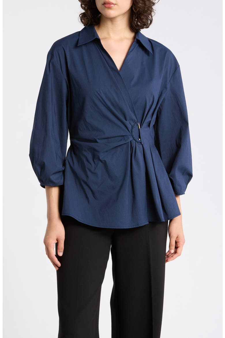 Draped D-Ring Faux Wrap Top, Main, color, NAVY