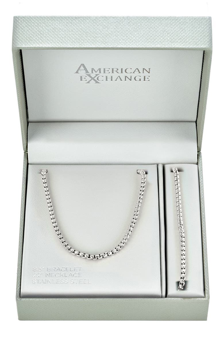 Men's Round Box Chain Necklace & Bracelet Set, Main, color, SILVER