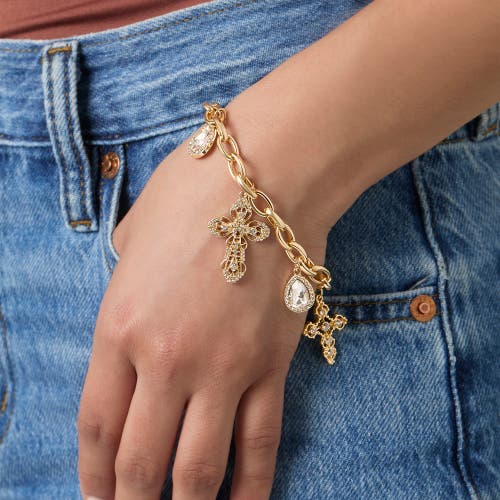 Jessica Simpson Crystal Cross Charm Bracelet In Gold