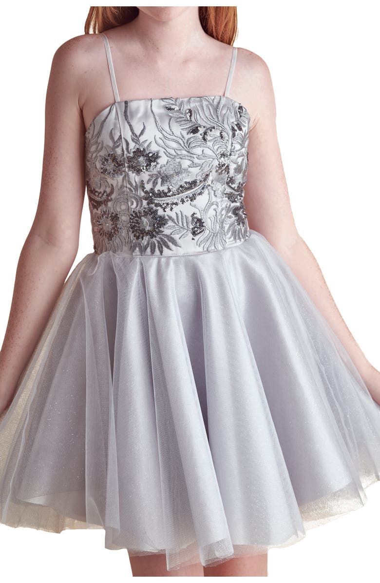 Un Deux Trois Sequin and Tulle Party Dress, Main, color, Silver