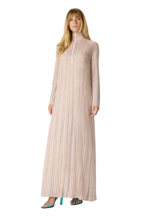 Long Button-down Dress With Lamé Stripes And Long Sleeves