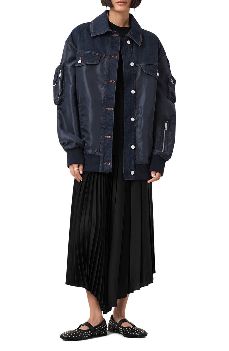 AllSaints Verity Mixed Media Bomber Jacket, Alternate, color, Navy Blue