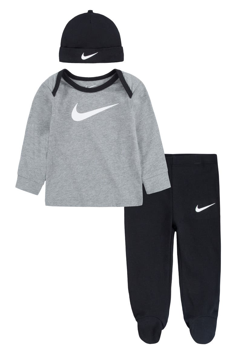 3-Piece Swoosh Shirt, Footie Pants & Beanie Set, Main, color, BLACK