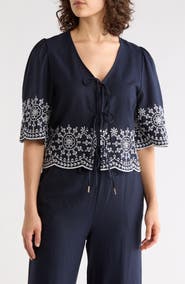 Ellen Tracy Eyelet Embroidered Tie Top