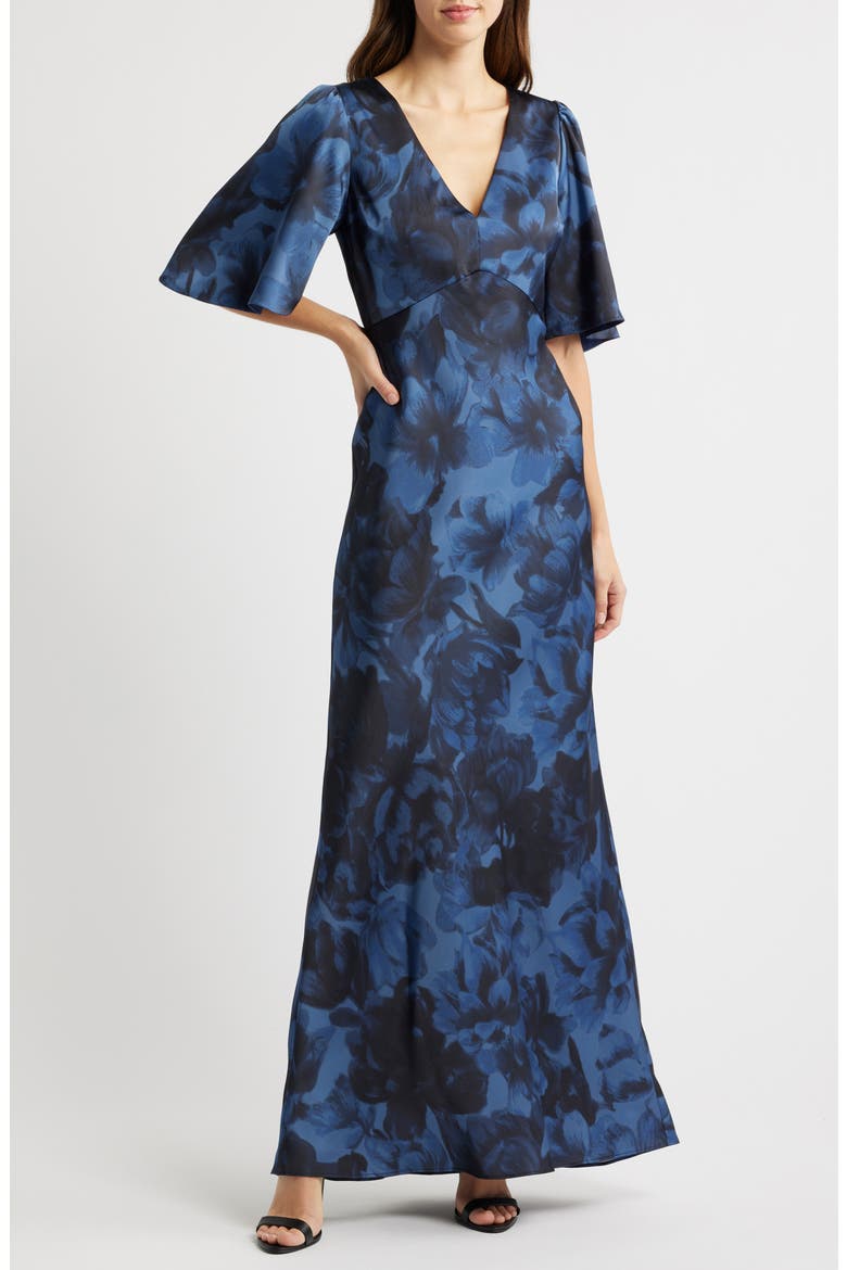 Mae Floral Print Satin Crepe Trumpet Gown, Alternate, color, DEEP OCEAN BOUQUET