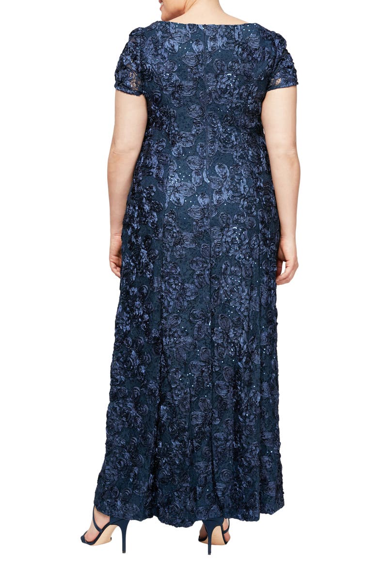 Rosette Lace Short Sleeve A-Line Gown, Alternate, color, NAVY