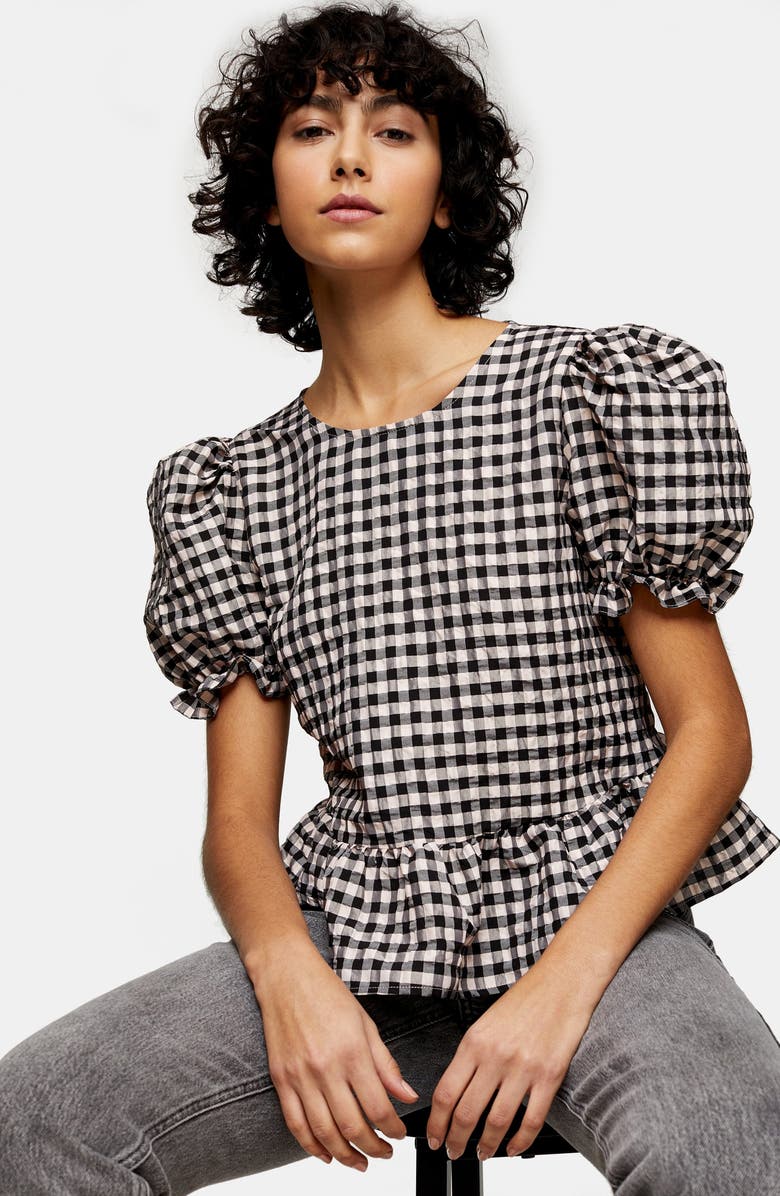 Topshop Check Bow Back Puff Sleeve Blouse, Alternate, color, 