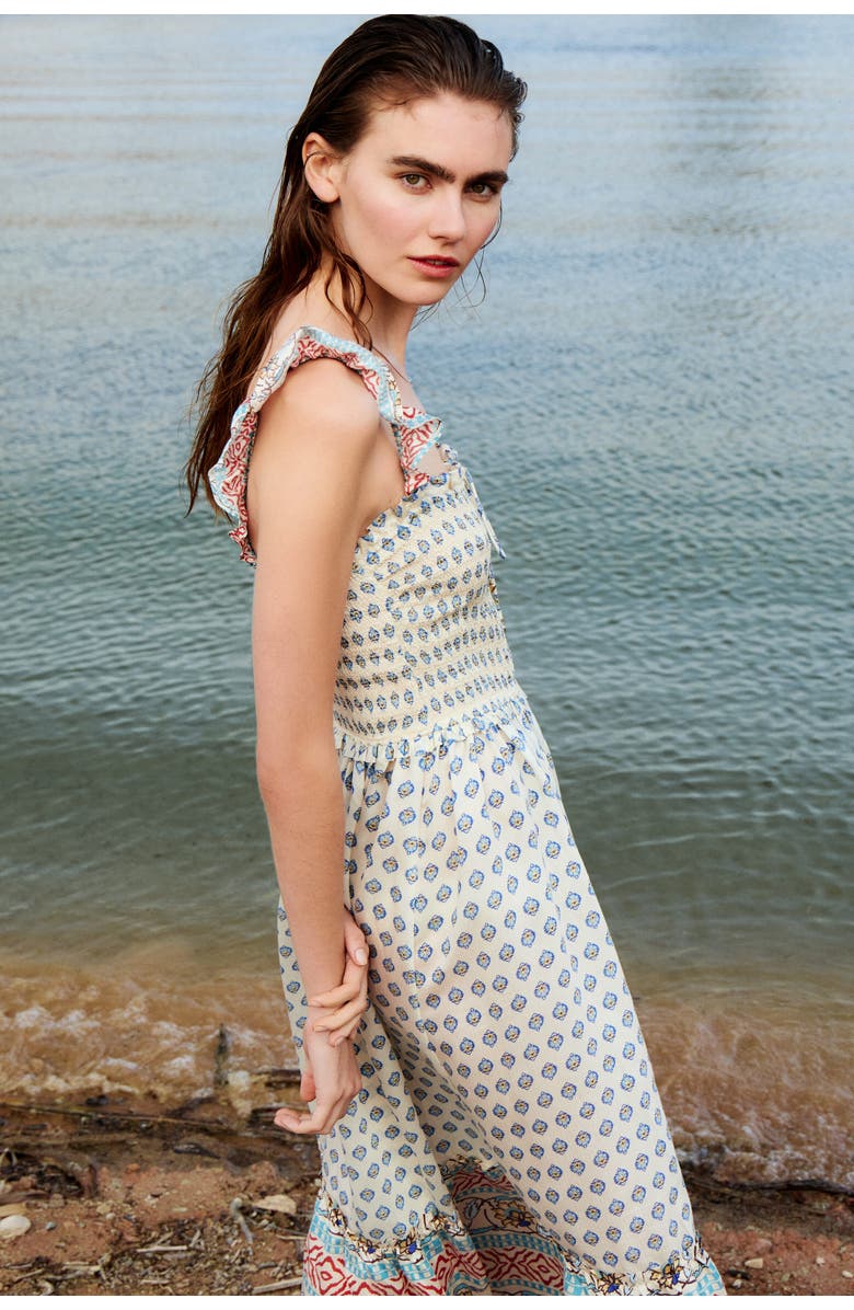 H&M Flared-skirt Smocked Dress, Alternate, color, Light Beige/Patterned