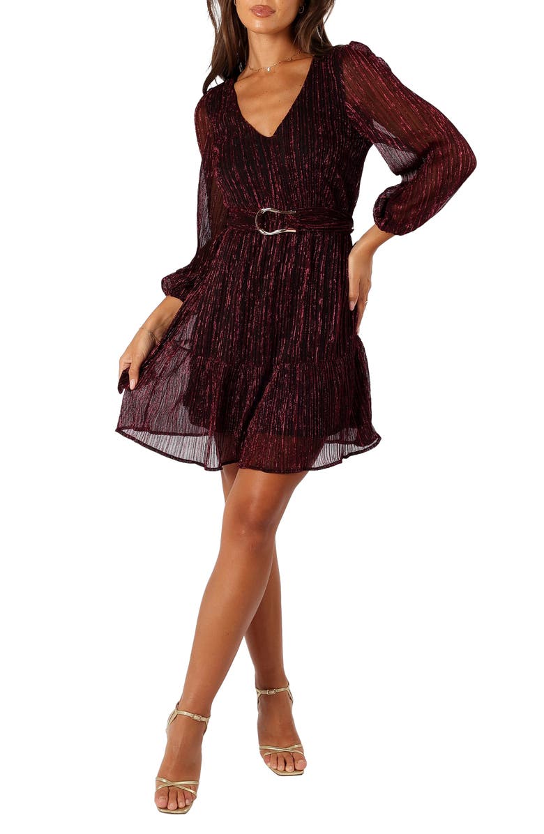 Petal & Pup Glimmer Metallic Belted Long Sleeve Dress, Main, color, Pink