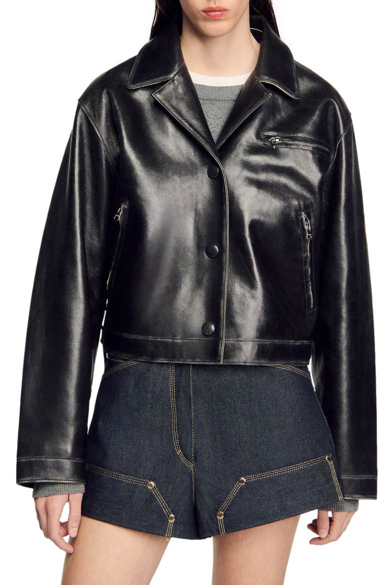 Distressed leather jacket, Main, color, Black