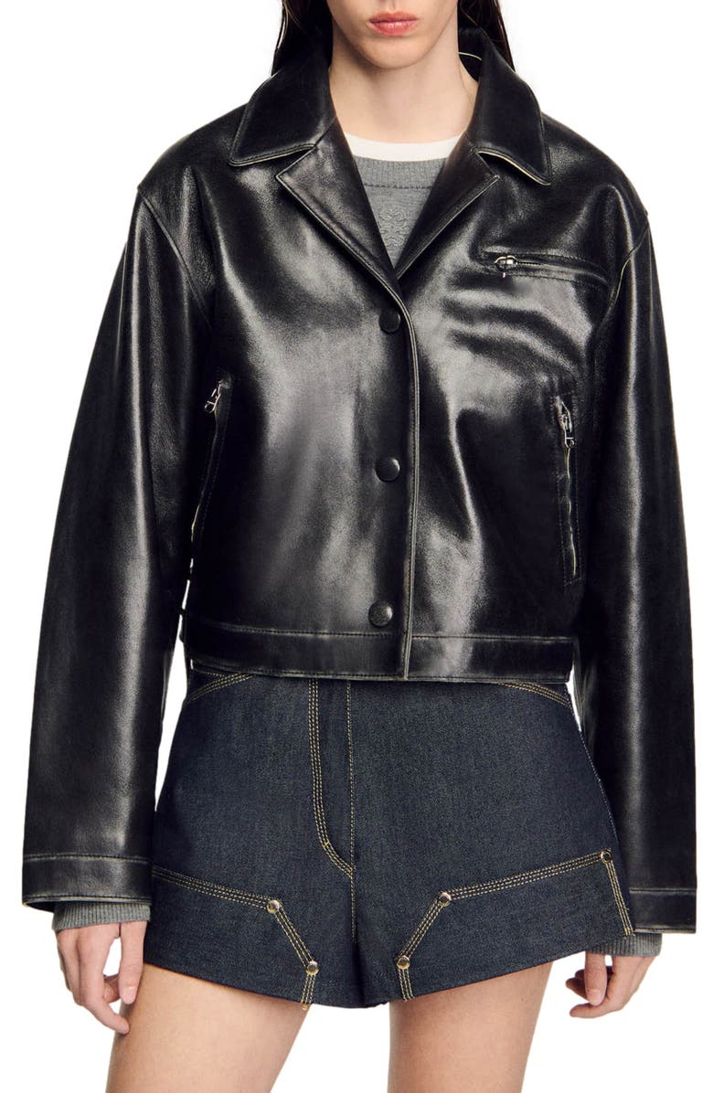 SANDRO Distressed leather jacket, Main, color, 