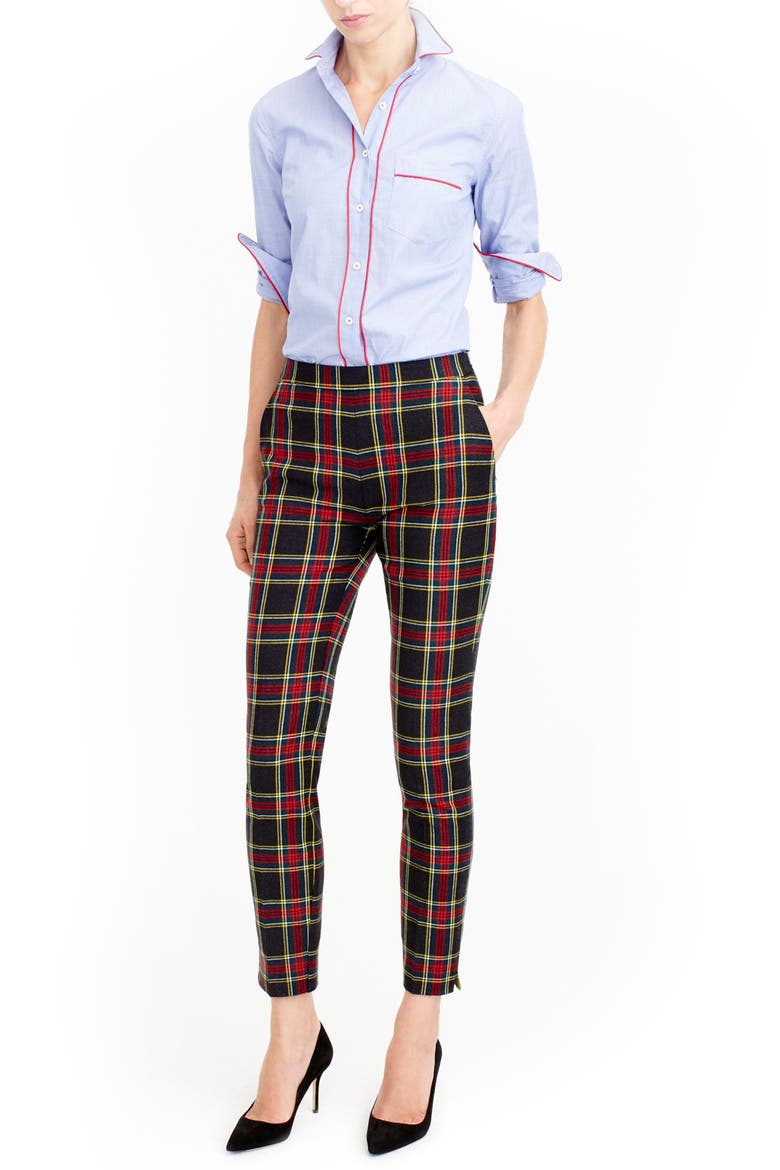 J.Crew Martie Stewart Plaid Stretch Wool Pants, Main, color, CHARCOAL CERISE MULTI