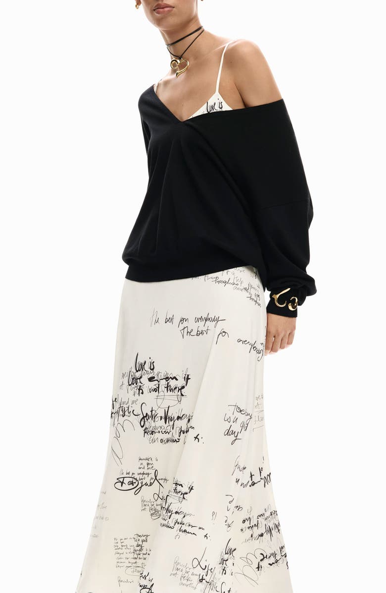 Desigual Printed Slipdress & One-Shoulder Sweater Set, Alternate, color, Light Beige