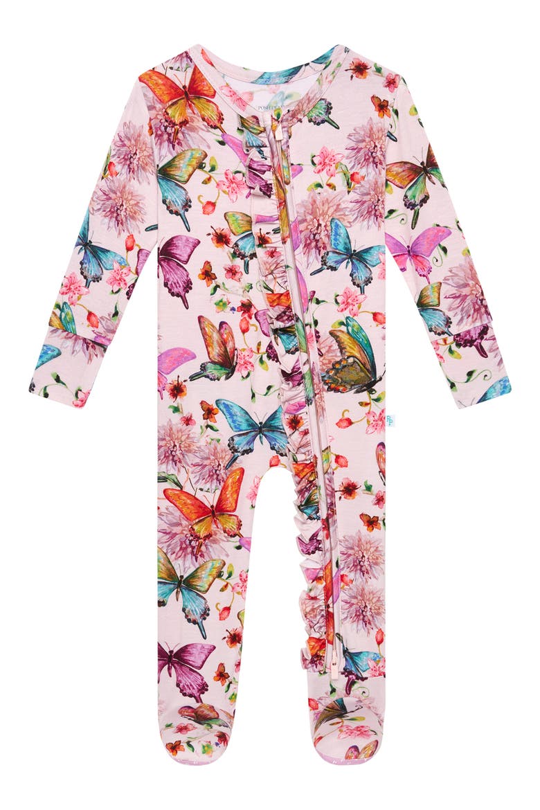 Watercolor Butterfly Ruffle Fitted Footie Pajamas, Alternate, color, OPEN PINK