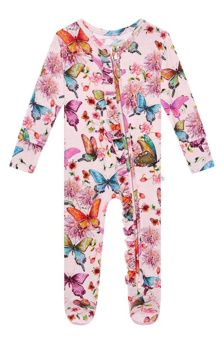 Posh Peanut Watercolor Butterfly Ruffle Fitted Footie Pajamas, Alternate, color, Open Pink