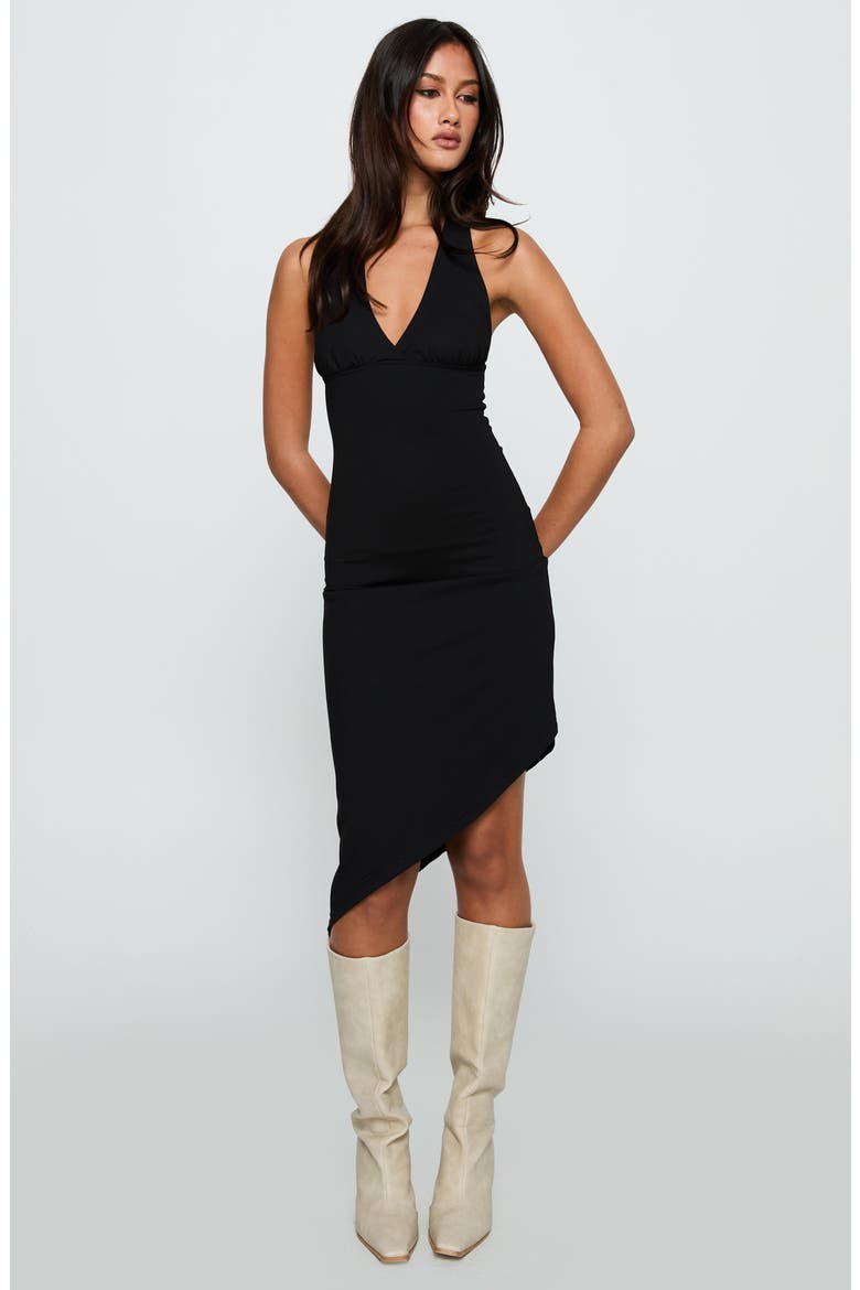 Whimsy Asymmetric Halter Midi Dress, Alternate, color, BLACK