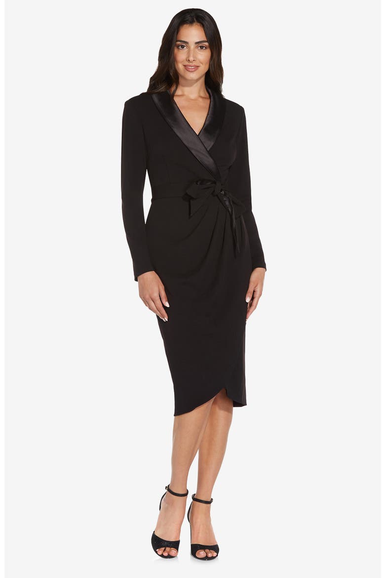 Long Sleeve Crepe Tuxedo Dress, Alternate, color, BLACK