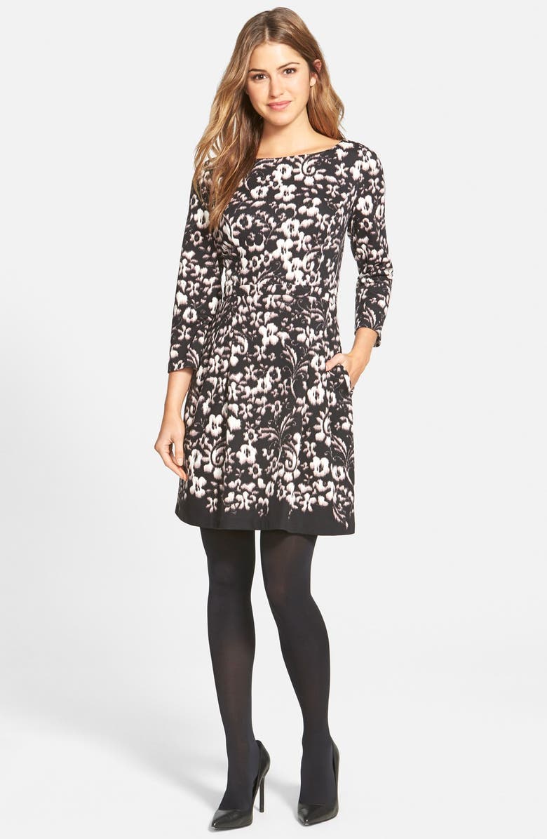 Eliza J Floral Print Ponte Fit & Flare Dress, Alternate, color, 