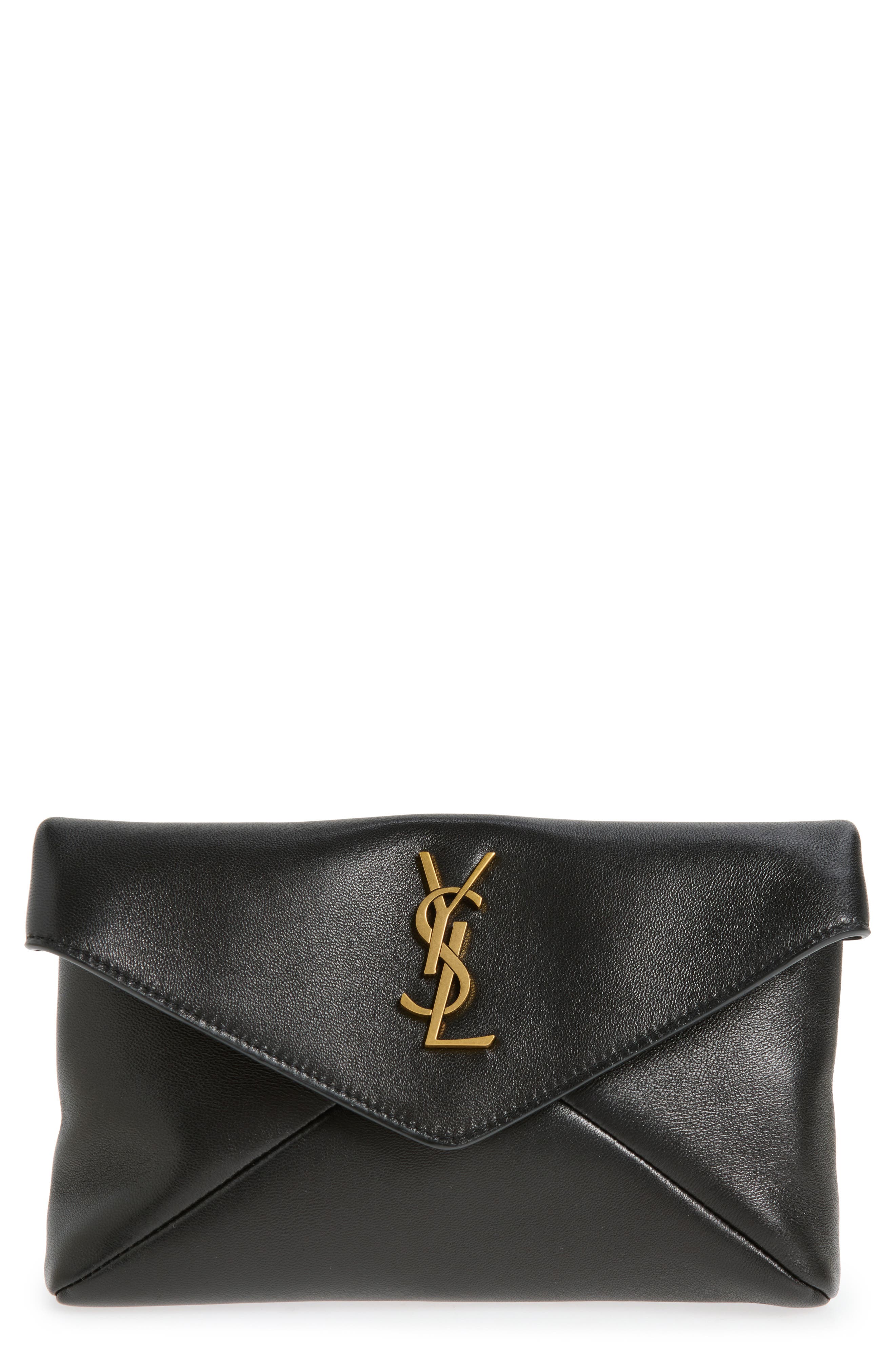 Saint Laurent Small Cassandre Leather Envelope Pouch Clutch, Main, color, Black