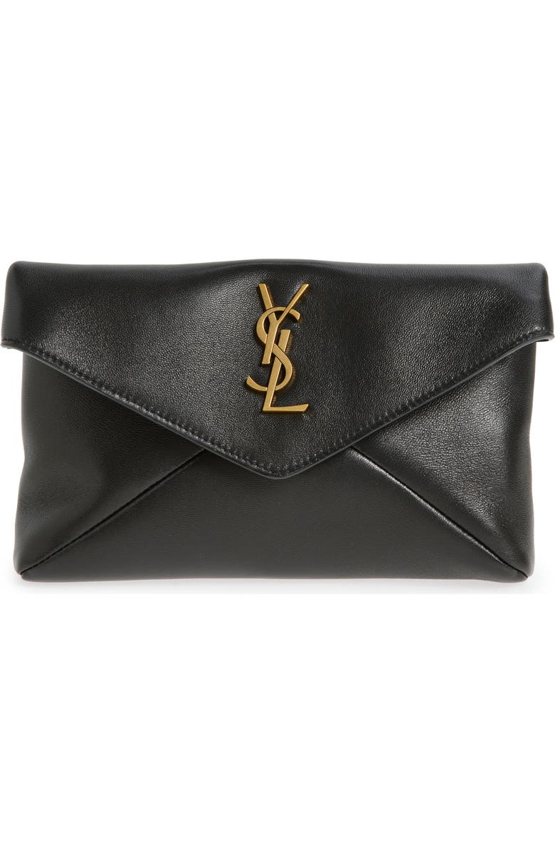 Saint Laurent Small Cassandre Leather Envelope Pouch Clutch, Main, color, Black