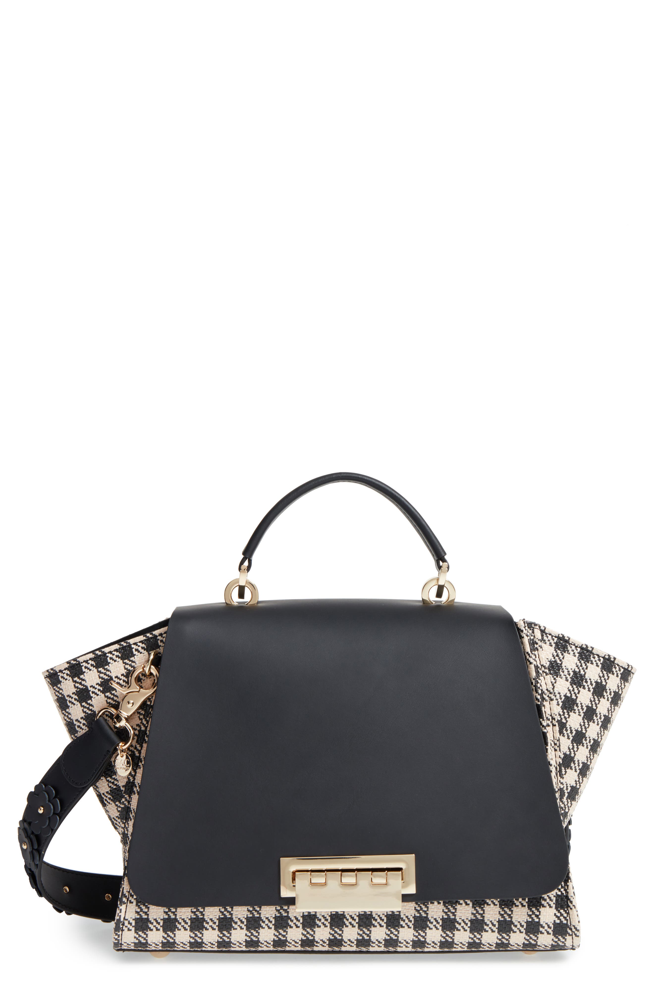 Eartha Gingham Straw Top Handle Satchel with Flower Guitar Strap, Main, color, BLACK GINGHAM