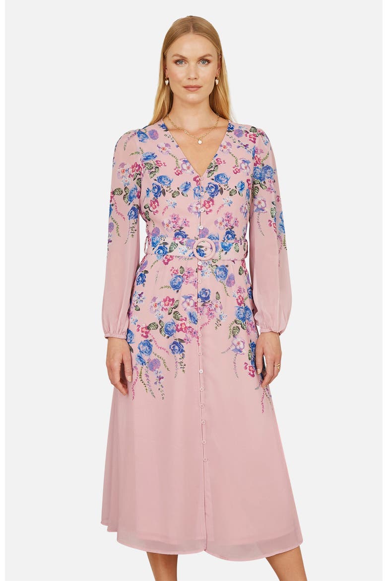 Belted Floral Midi Dress, Alternate, color, Pink