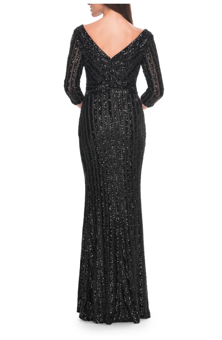 La Femme Evening Dress in Unique Sequin Fabric with Sleeves, Alternate, color, Black