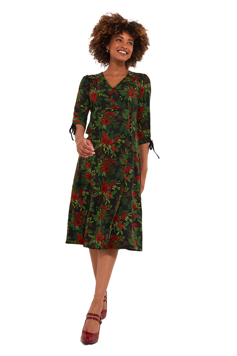 Stretch Knit Faux Wrap Midi Dress, Main, color, PRETTY POINSETTIA FLORAL
