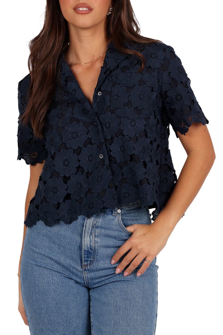 Locale Floral Lace Camp Shirt, Main, color, NAVY