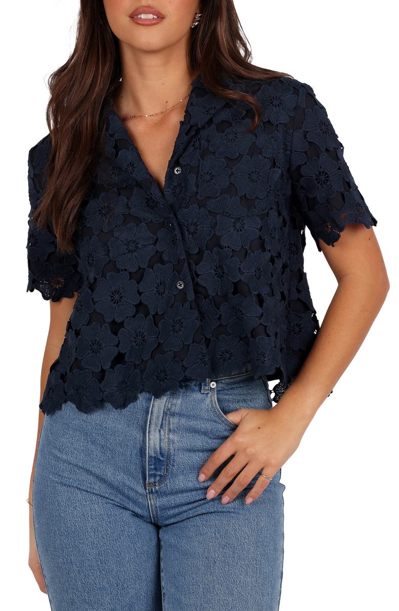 Petal & Pup Locale Floral Lace Camp Shirt, Main, color, Navy