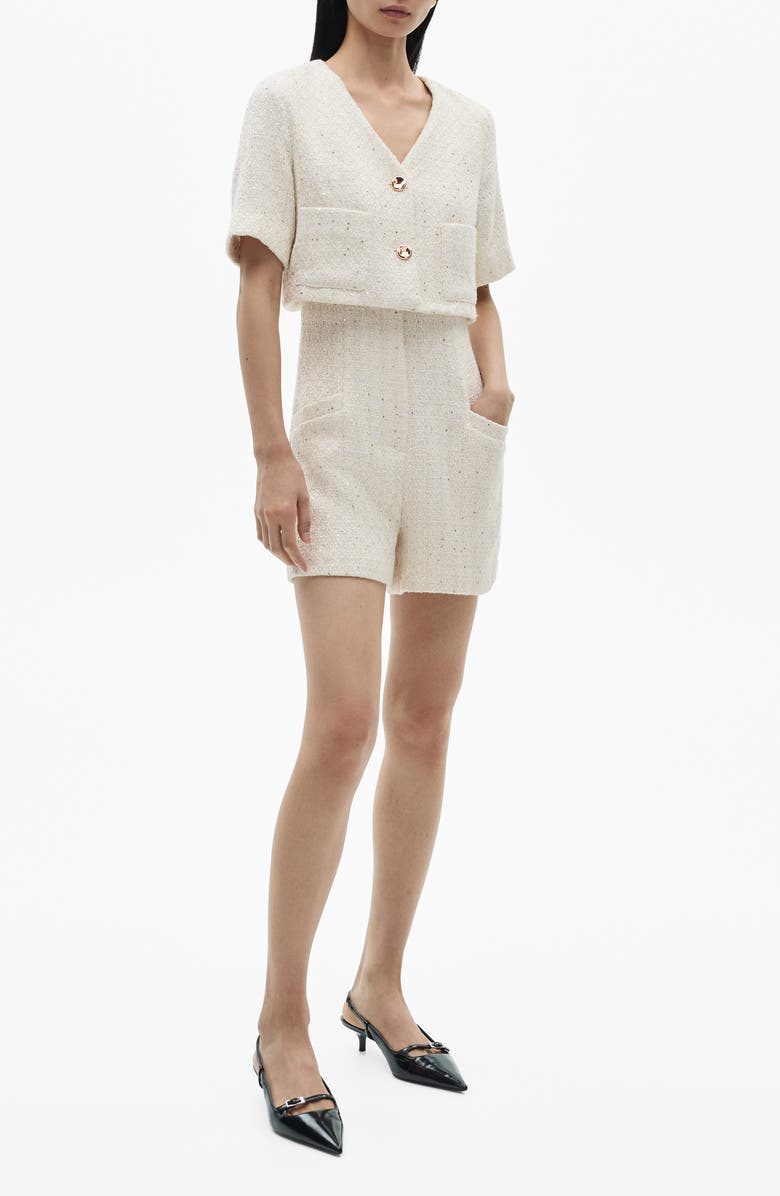 MANGO Popover Tweed Romper, Main, color, Ecru