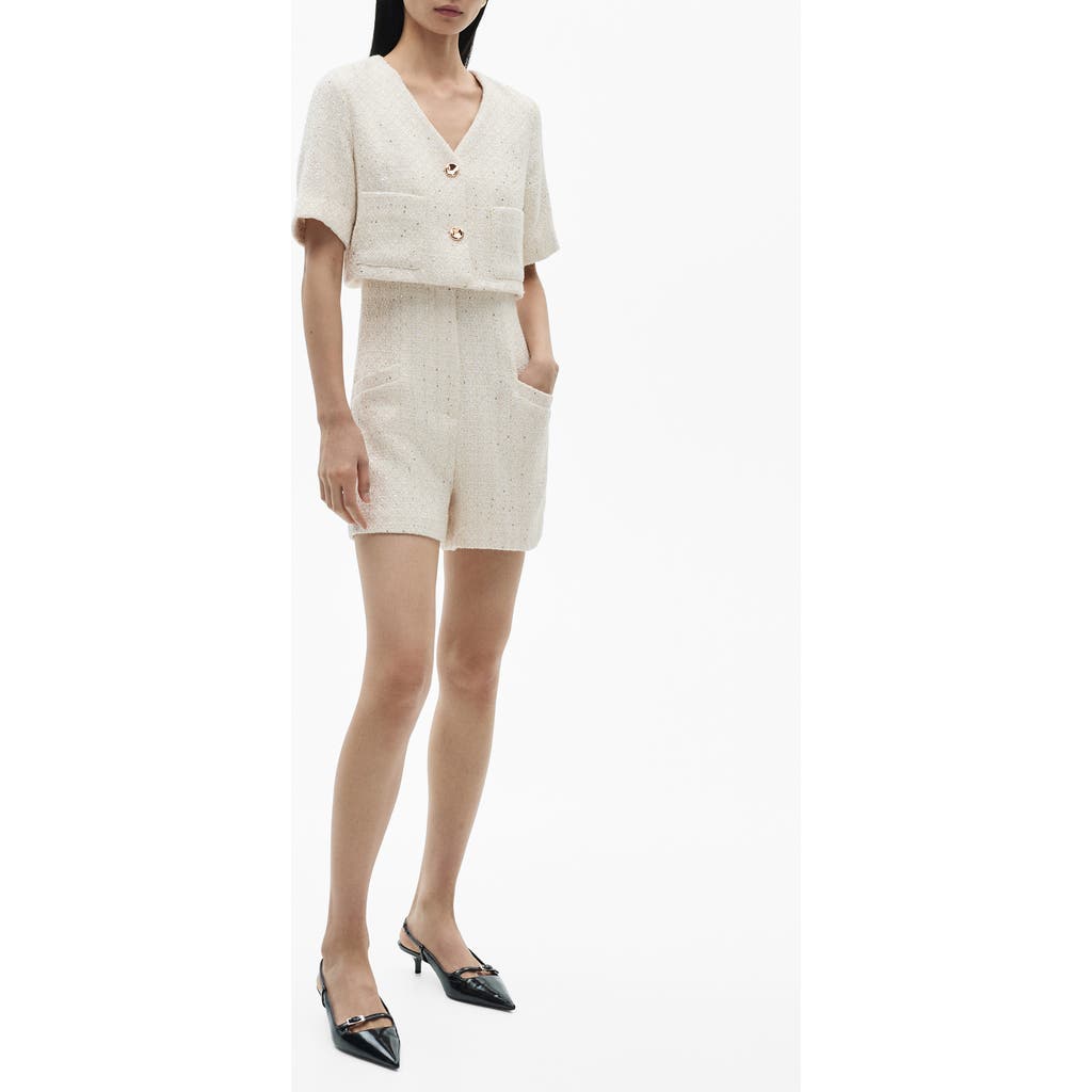 Mango Popover Tweed Romper In White