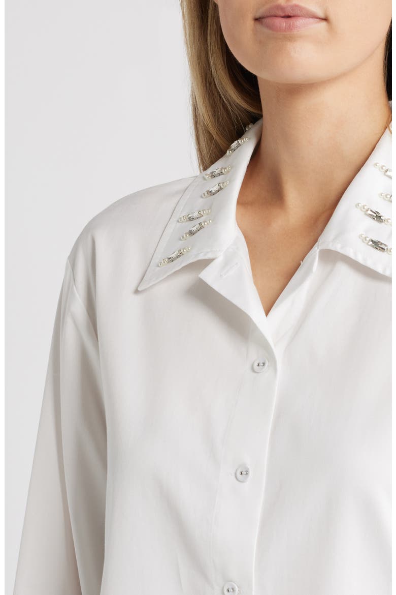 Beaded Collar Cotton Blend Button-Up Shirt, Alternate, color, OFF WHITE