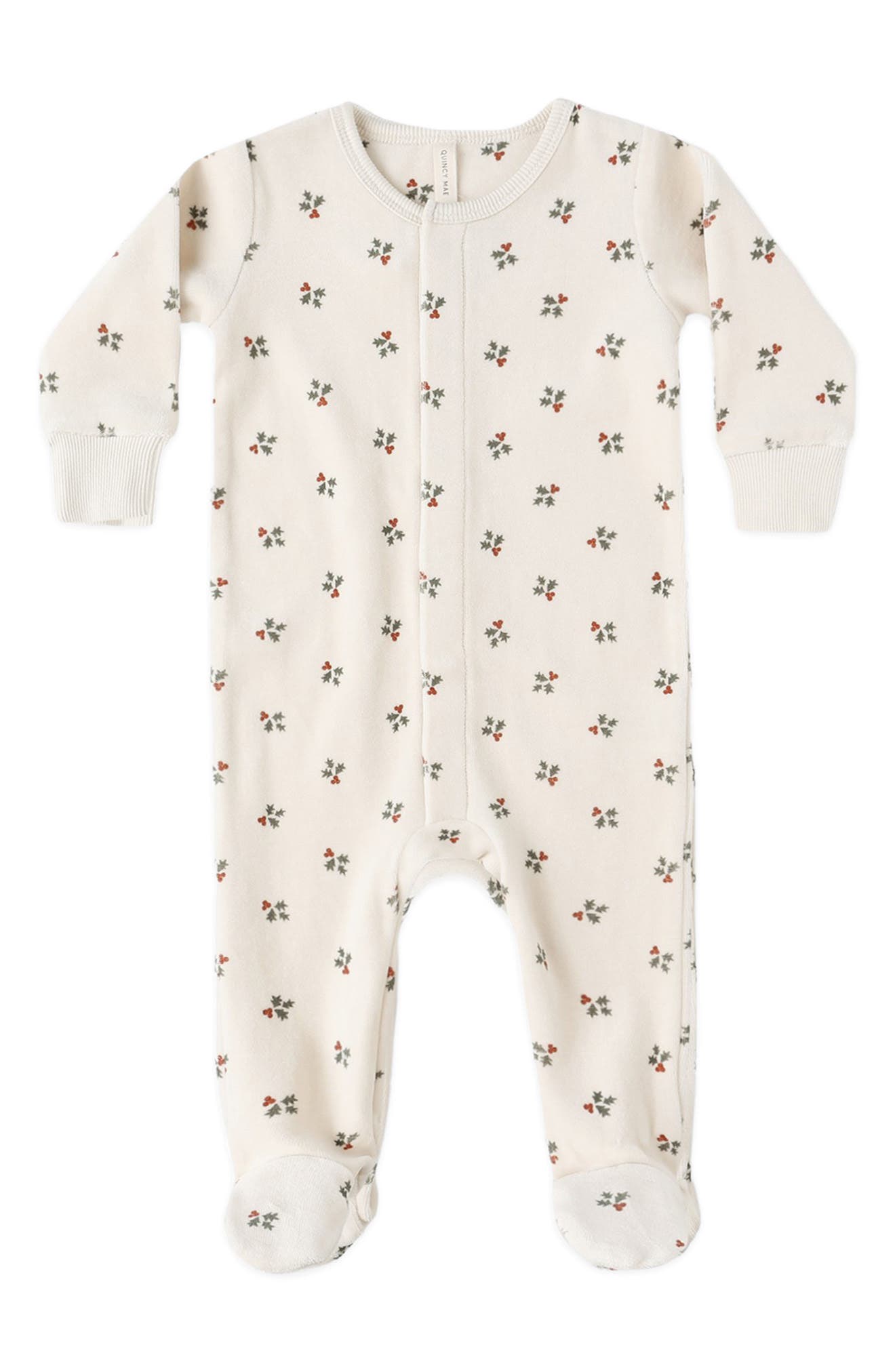 Kids' Holly Berry Hidden Snap Organic Cotton Velour Footie