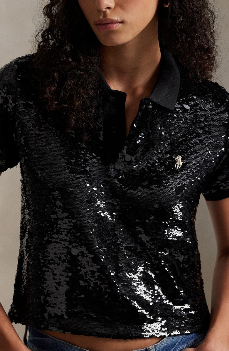 Polo Ralph Lauren Sequin Crop Polo, Alternate, color, Polo Black