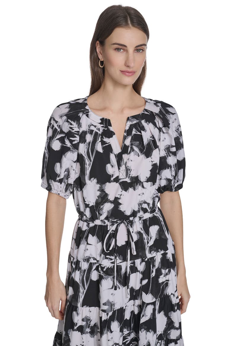 Floral Short Sleeve Tiered Midi Dress, Alternate, color, BLACK/ WHITE