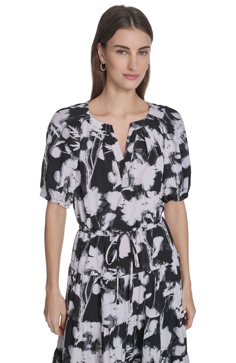 Calvin Klein Floral Short Sleeve Tiered Midi Dress, Alternate, color, Black/ White