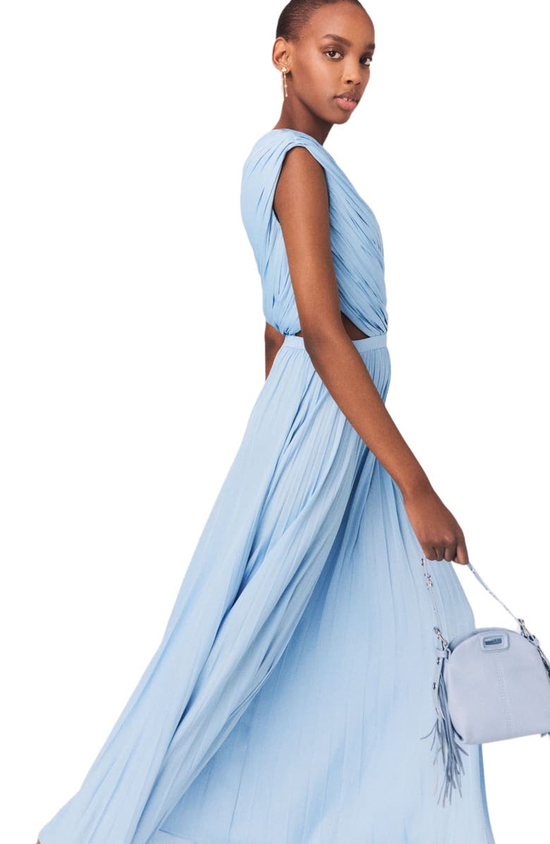 maje Asymmetrical pleated maxi dress, Alternate, color, Blue Sky