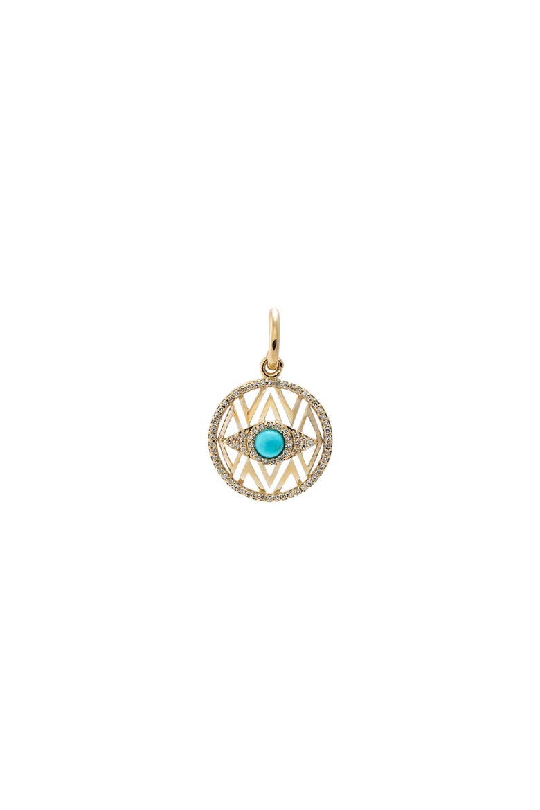 Diamond X Turquoise Evil Eye Disc Charm 14K, Main, color, Turquoise