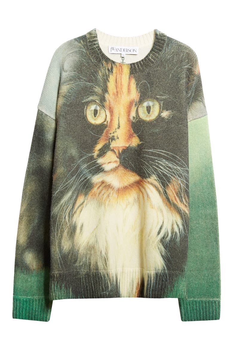 Cat Print Wool & Cashmere Blend Crewneck Sweater, Alternate, color, EMERALD