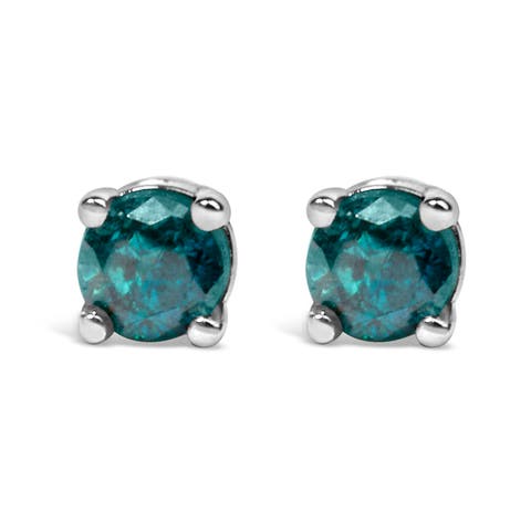 Silver 0.15 Ct Blue or Green Diamond Classic Stud Earrings